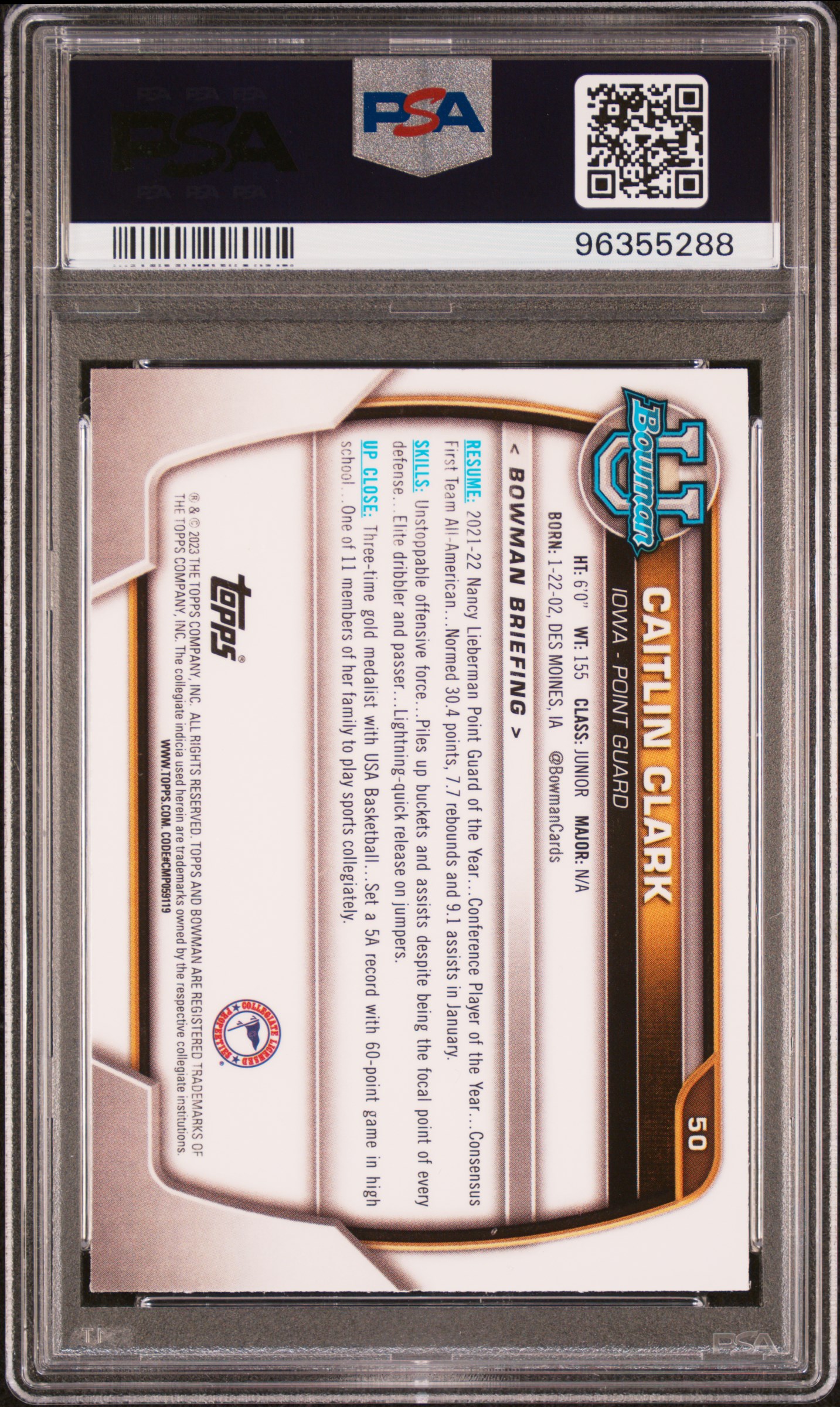 2022 Bowman Chrome University Caitlin Clark #50 Nm-Mt 8 back