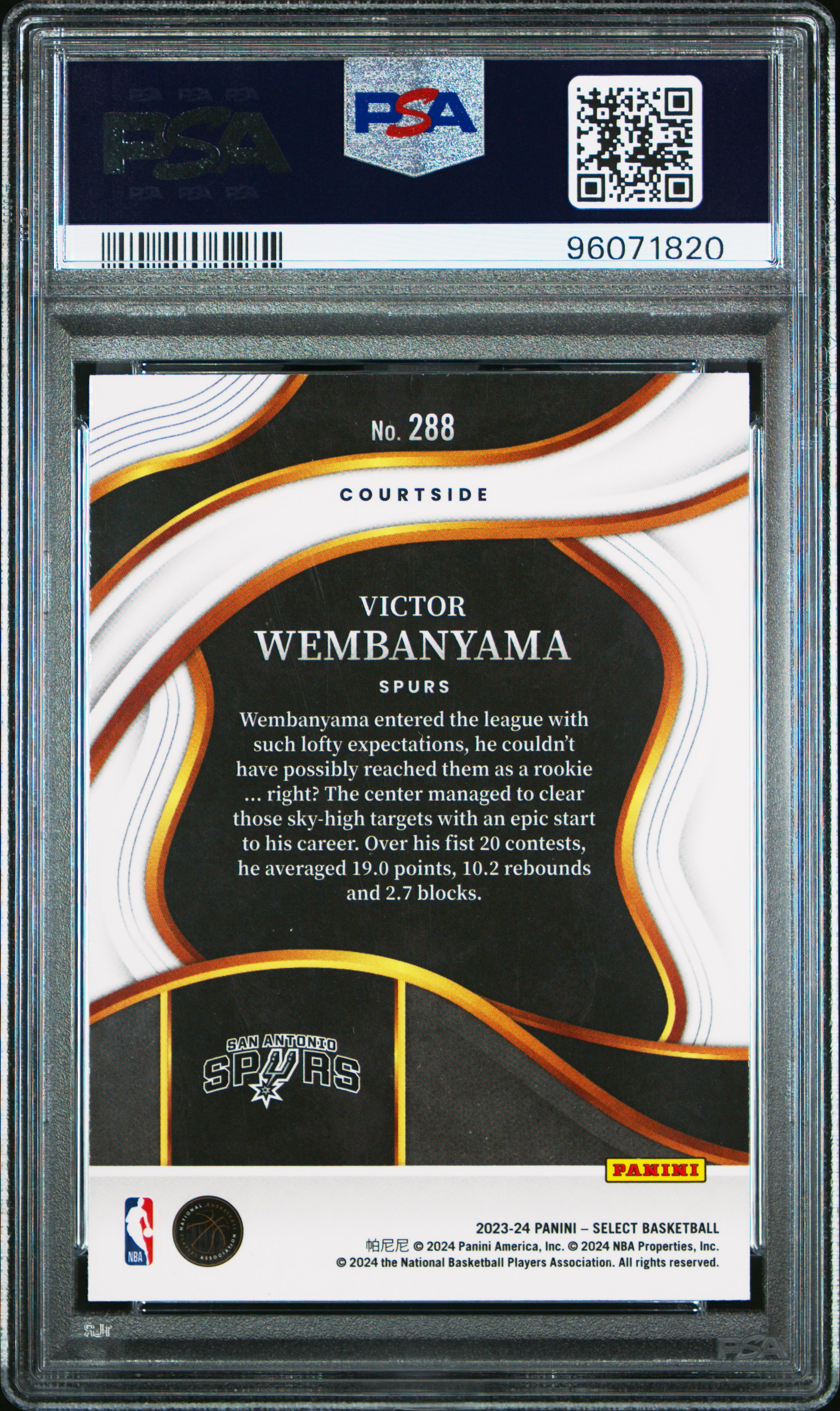 2023 Panini Select Victor Wembanyama #288 (Blue) Gem Mt 10 back