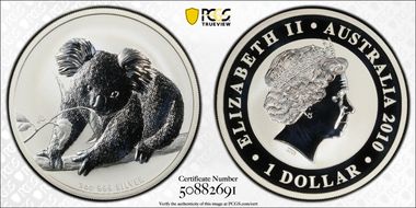 2010-P $1 Koala Ag MS70