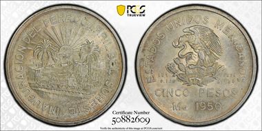 1950-Mo 5 Peso Southeastern Railroad KM-466  Ag MS64