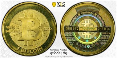 2012 1 BTC Casascius Bitcoin, Brass MS68