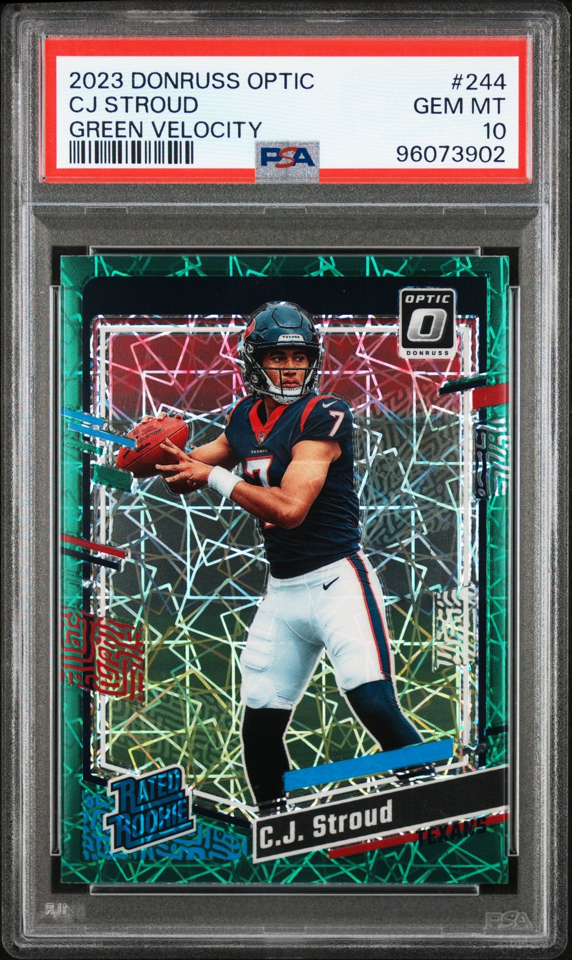 2023 Panini Donruss Optic Cj Stroud #244 (Green Velocity) Gem Mt 10 front view - PSA graded GEM MT 10
