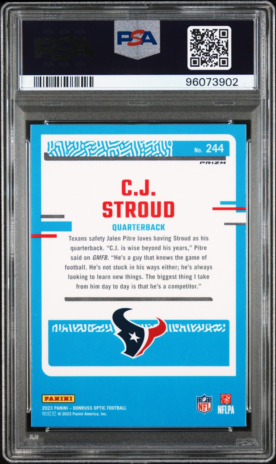 2023 Panini Donruss Optic Cj Stroud #244 (Green Velocity) Gem Mt 10 back view - PSA certificate #96073902