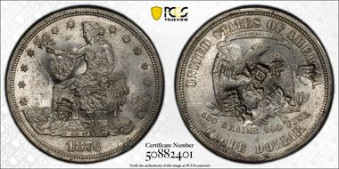 1876-S T$1 C-31 Type-I/II Lg. S, Chopmarked AU53