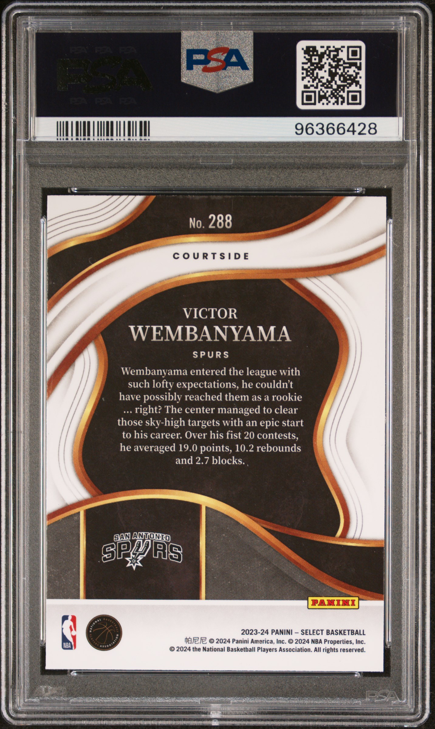 2023 Panini Select Victor Wembanyama #288 (Blue) Gem Mt 10 back