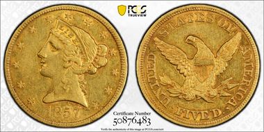 1857 $5 AU50