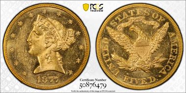 1877 $5 MS62PL