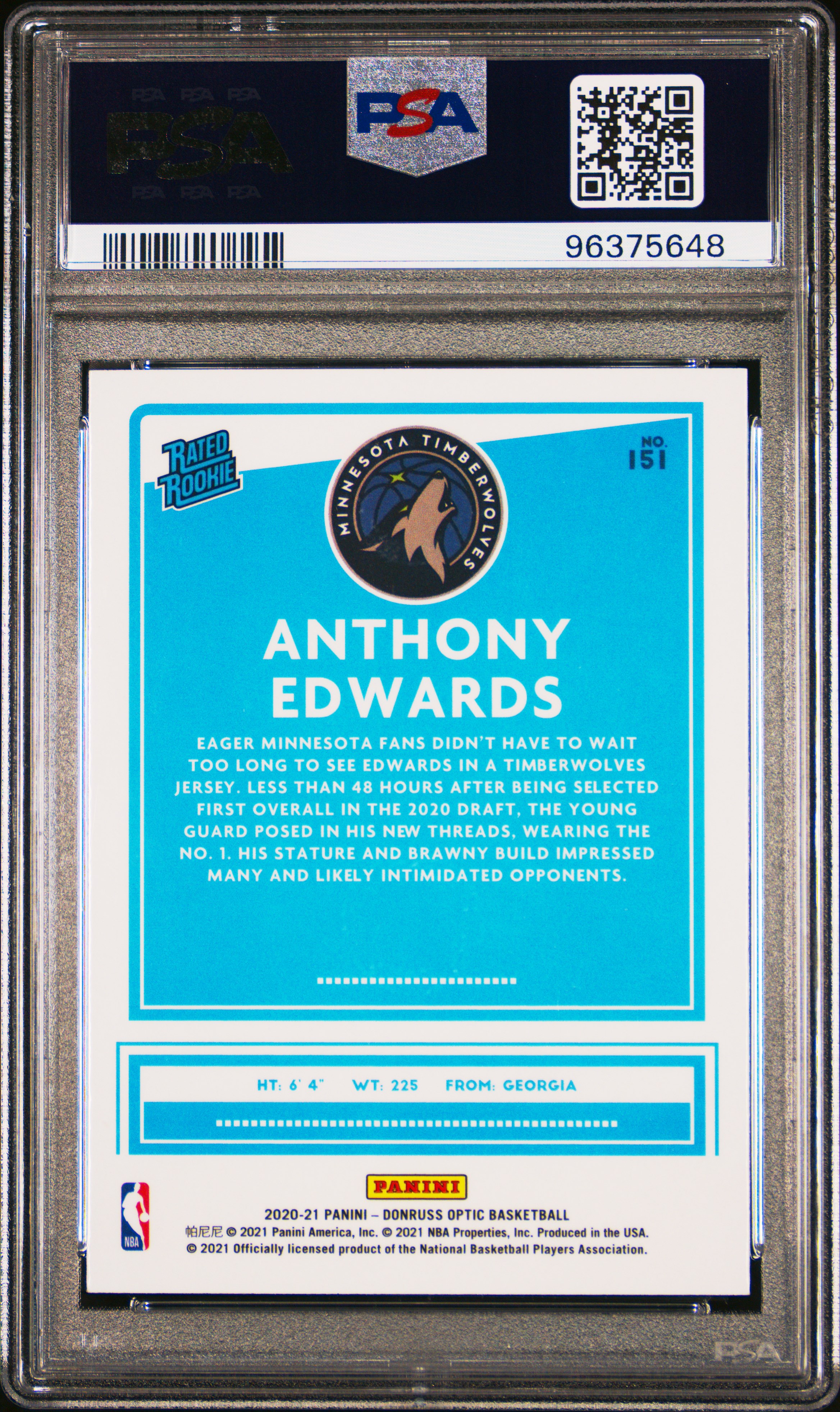 2020 Panini Donruss Optic Anthony Edwards #151 Mint 9 back
