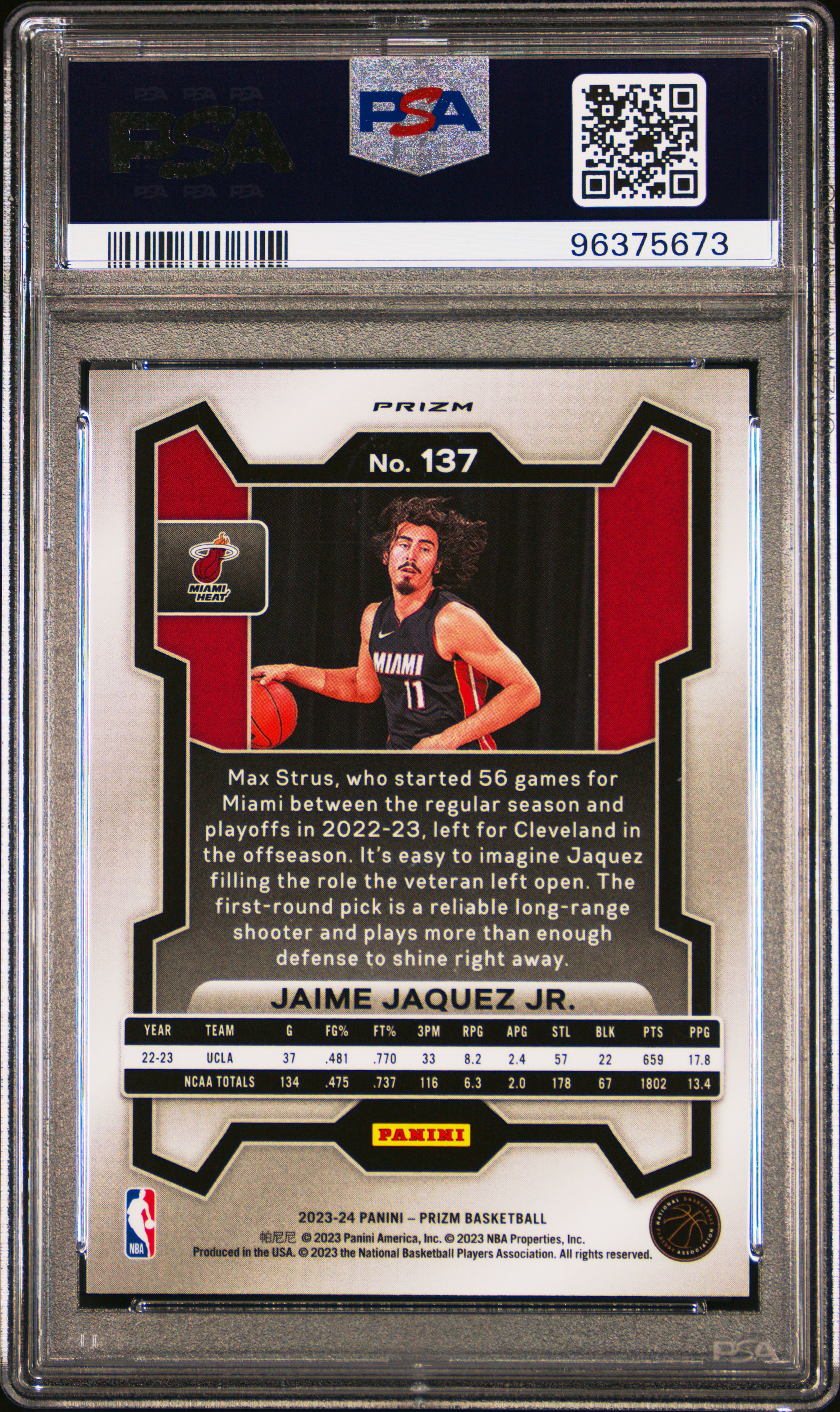 2023 Panini Prizm Jaime Jaquez Jr. #137 (Orange Ice) Mint 9 back