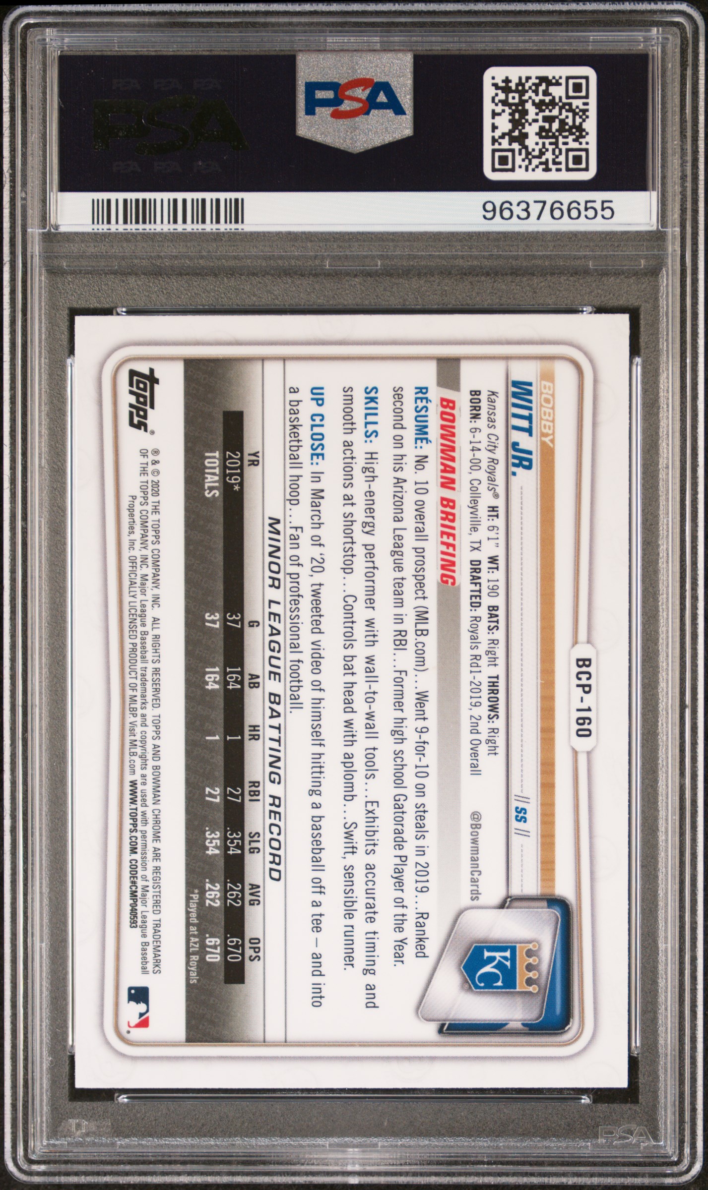 2020 Bowman Chrome Mega Box Bobby Witt Jr. #Bcp160 (Mega Box) Gem Mt 10 back