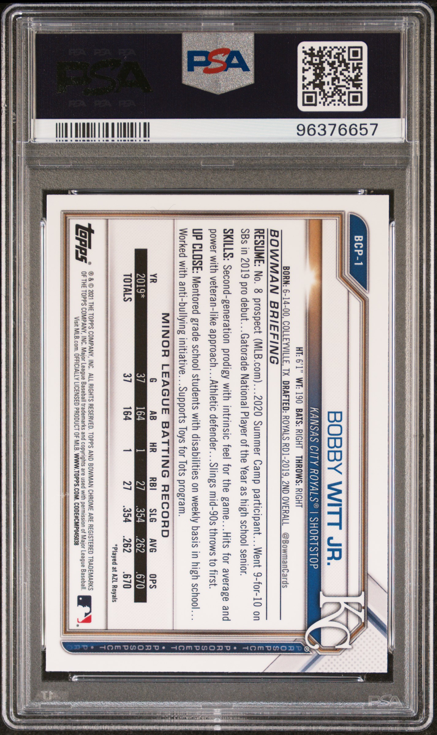 2021 Bowman Sapphire Edition Chrome Prospects Bobby Witt Jr. #Bcp1 (Chrome Prospects) Mint 9 back