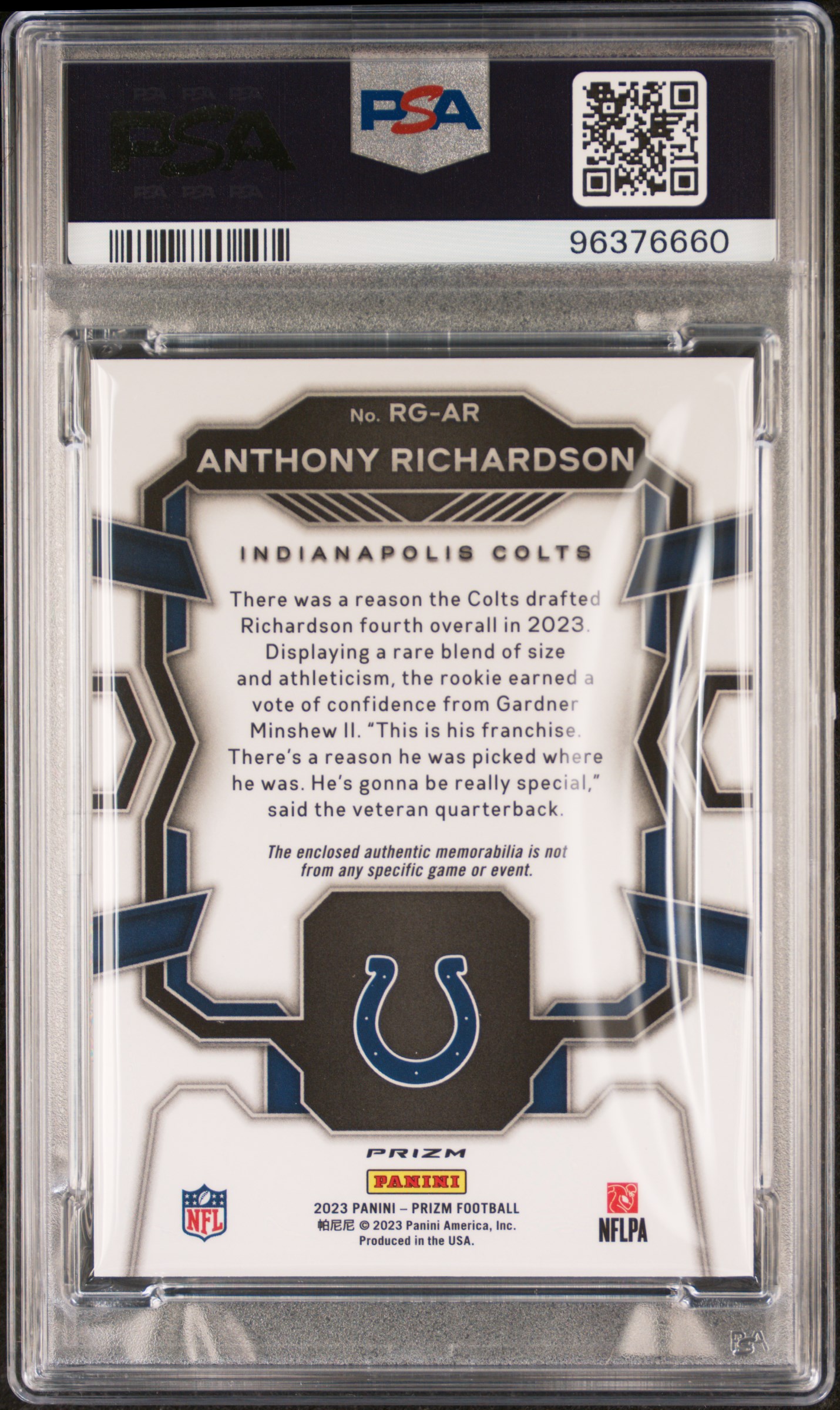 2023 Panini Prizm Rookie Gear Anthony Richardson #Rgar (Rk Gear-Neon Green Pulsar) Mint 9 back