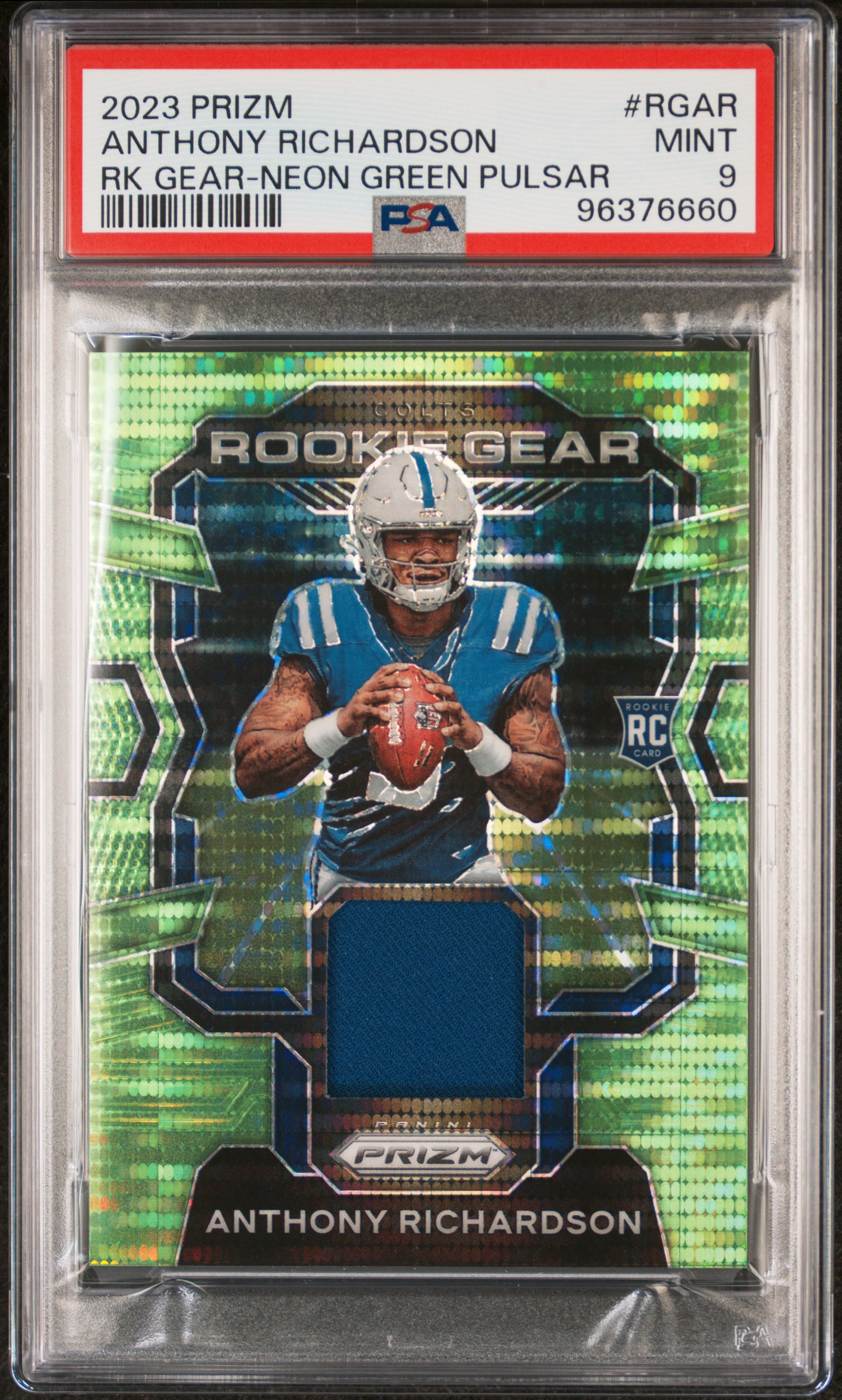 2023 Panini Prizm Rookie Gear Anthony Richardson #Rgar (Rk Gear-Neon Green Pulsar) Mint 9 front
