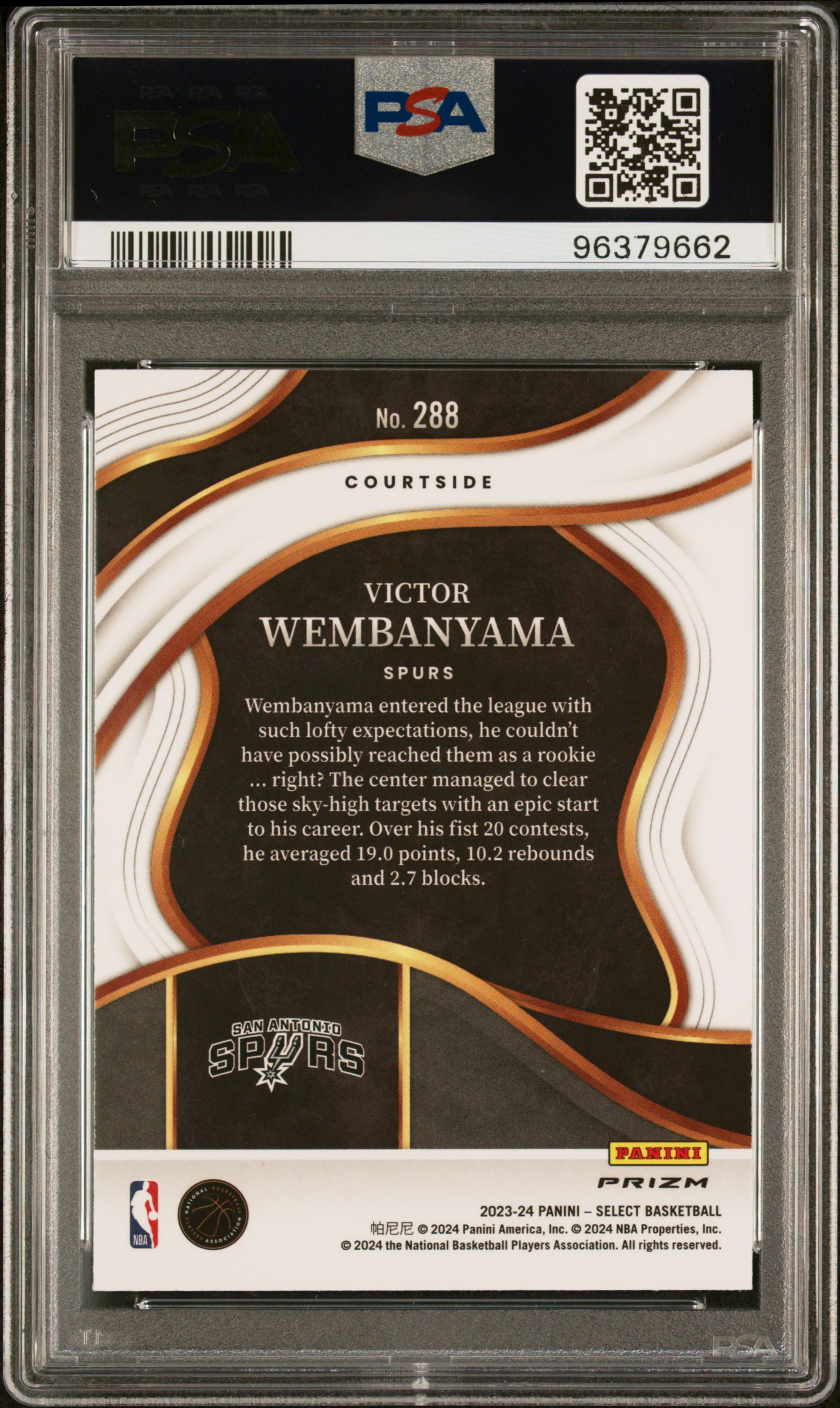 2023 Panini Select Victor Wembanyama #288 (Tectonic) Gem Mt 10 back