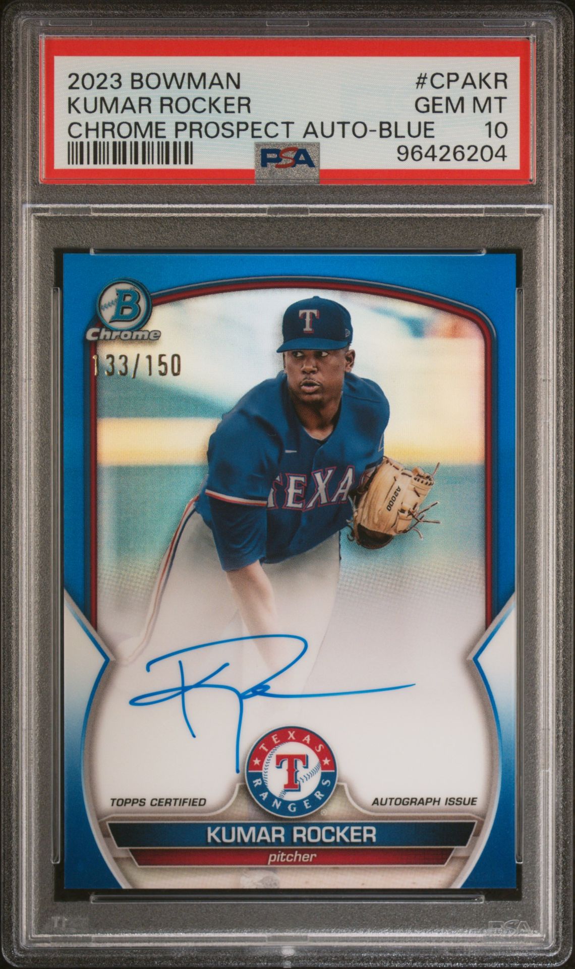 2023 Bowman BOWMAN CHROME PROSPECT AUTOGRAPHS Blue Refractor #CPAKR Kumar Rocker front