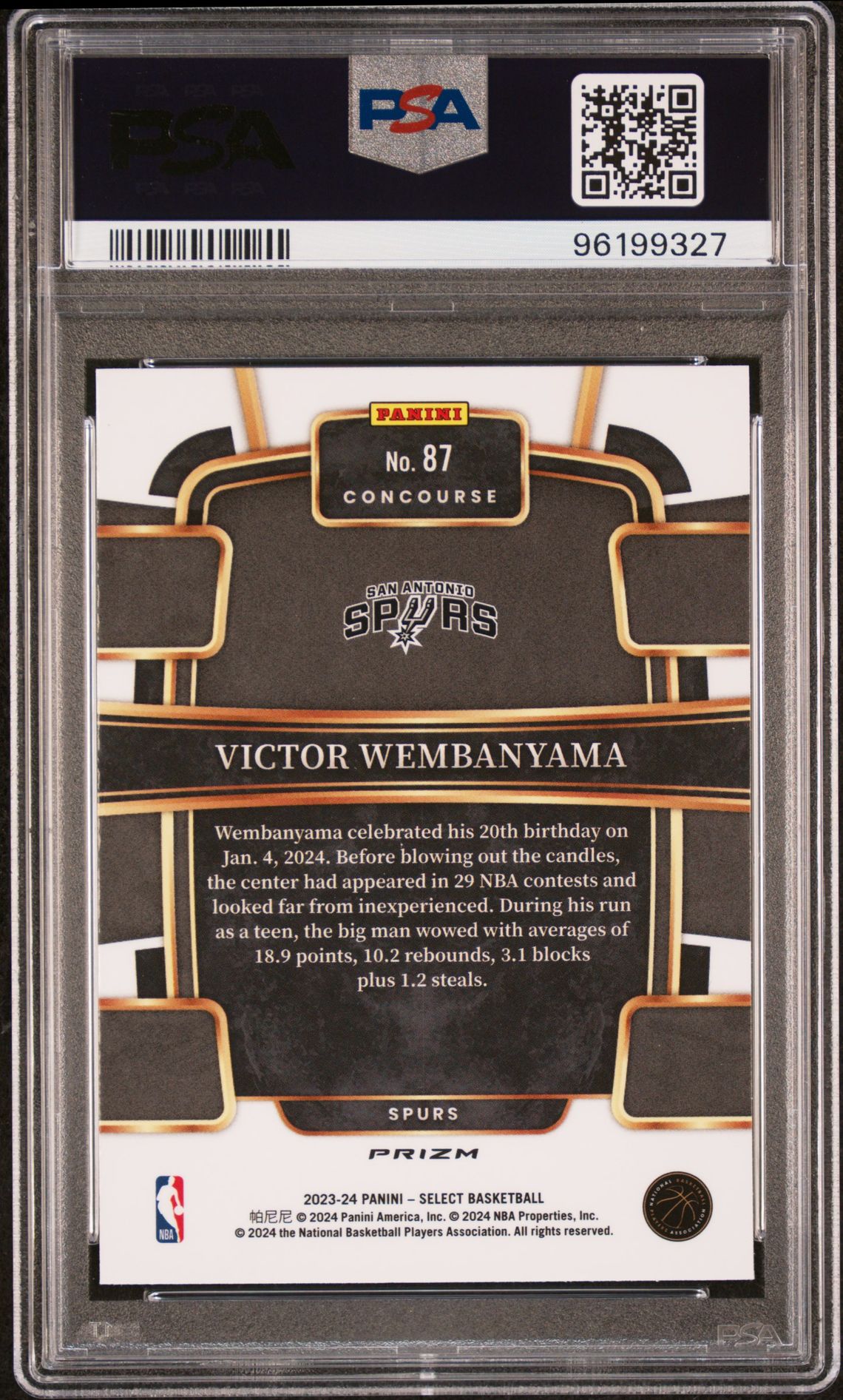 2023 Panini Select Victor Wembanyama #87 (Tectonic) Gem Mt 10 back
