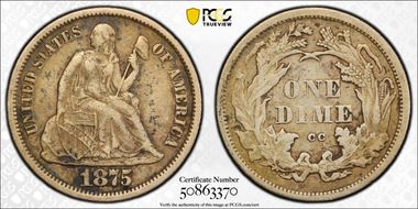 1875-CC 10C Mintmark Above Bow XF40