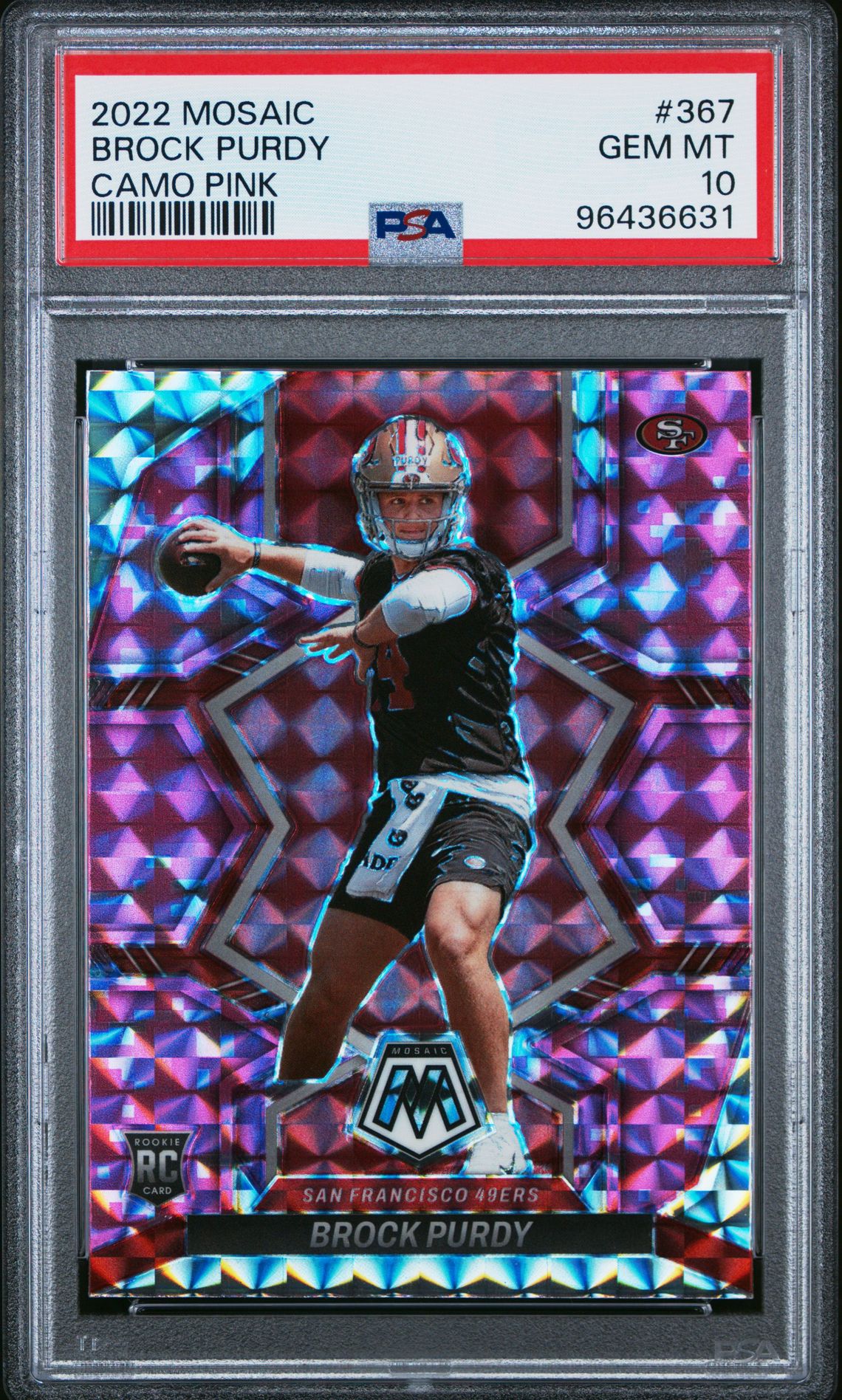 2022 Panini Mosaic Brock Purdy #367 (Camo Pink) Gem Mt 10 front view - PSA graded GEM MT 10