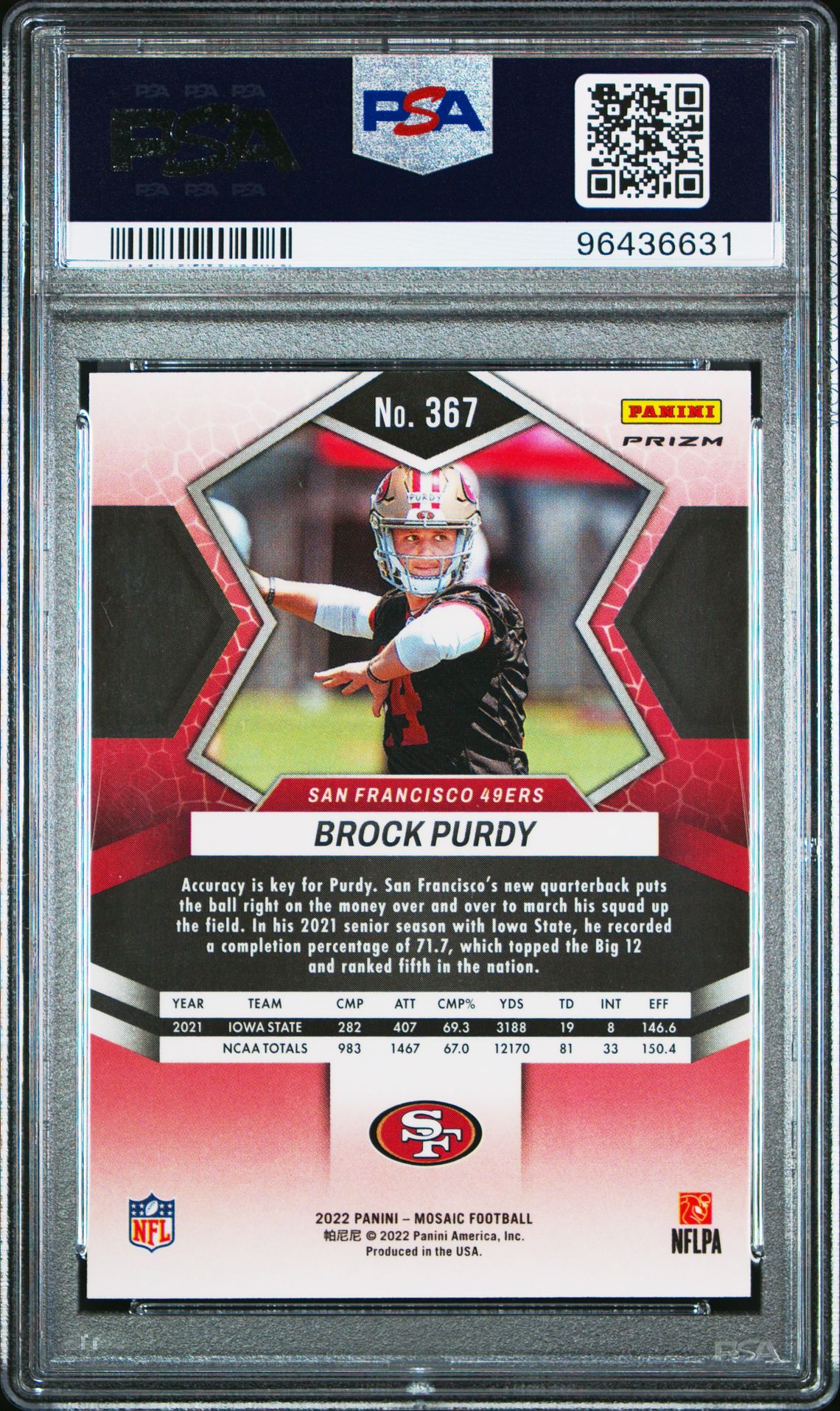 2022 Panini Mosaic Brock Purdy #367 (Camo Pink) Gem Mt 10 back view - PSA certificate #96436631