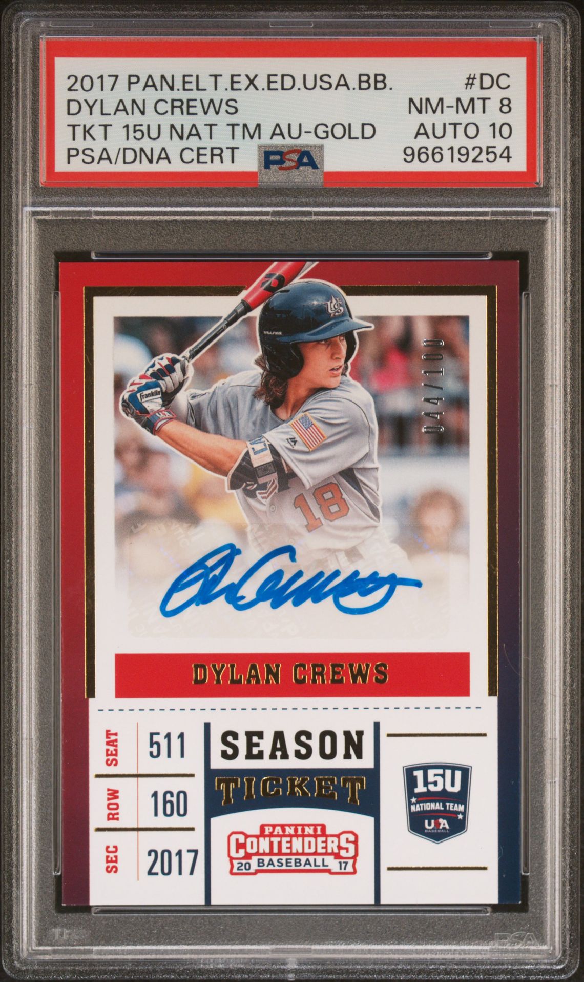 2017 Panini PANINI ELITE EXTRA EDITION USA BASEBALL TICKETS 15U NATIONAL TEAM AUTOGRAPHS TKT 15U NAT TM AU-GOLD #DC Dylan Crews front