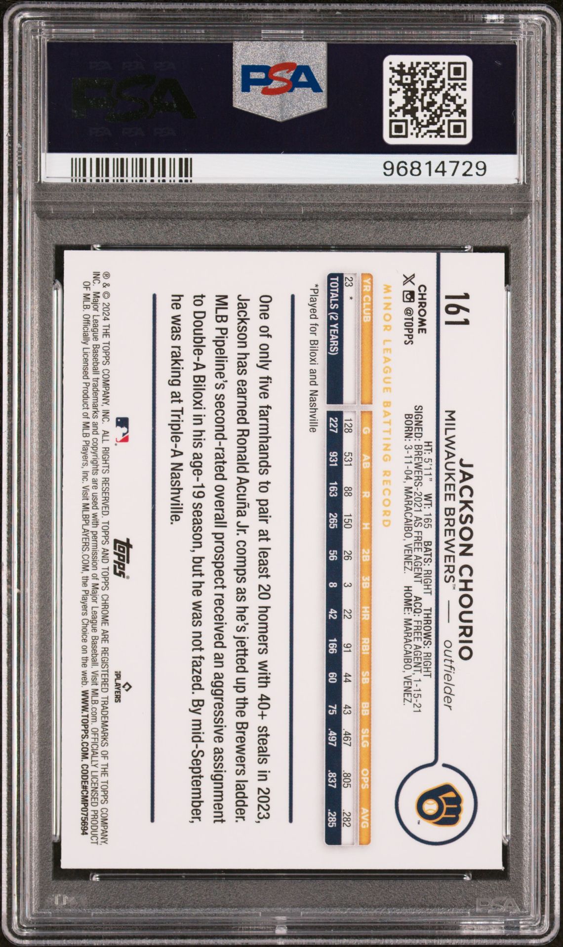 2024 Topps Chrome Jackson Chourio #161 (Purple Refractor) Mint 9 back