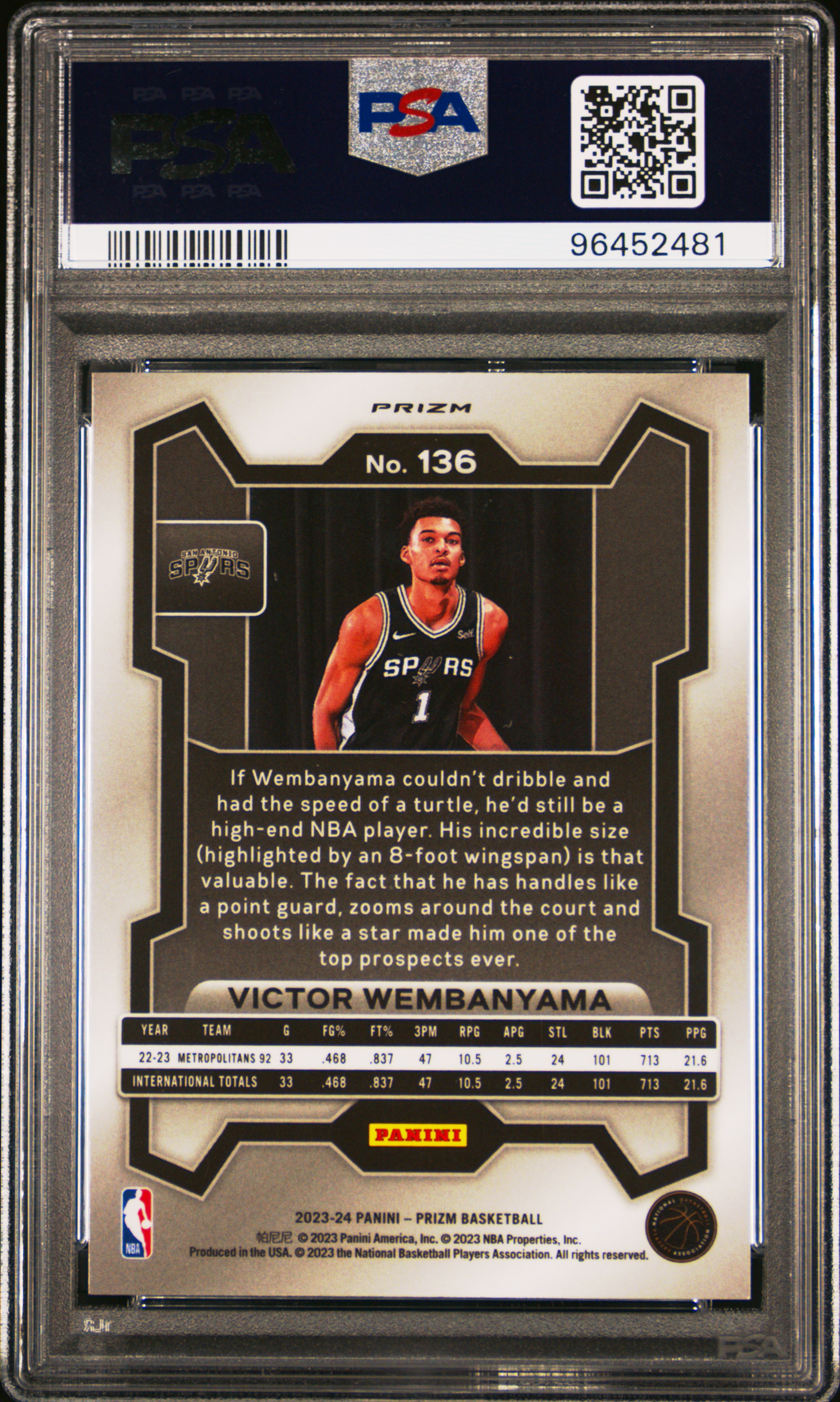 2023 Panini Prizm Victor Wembanyama #136 (Silver Prizm) Gem Mt 10 back