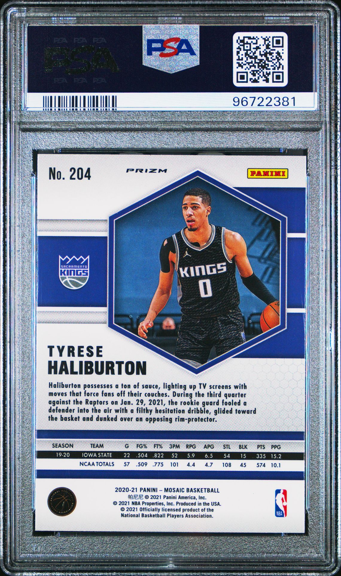 2020 Panini Mosaic Tyrese Haliburton #204 (Gold Wave) Mint 9 back