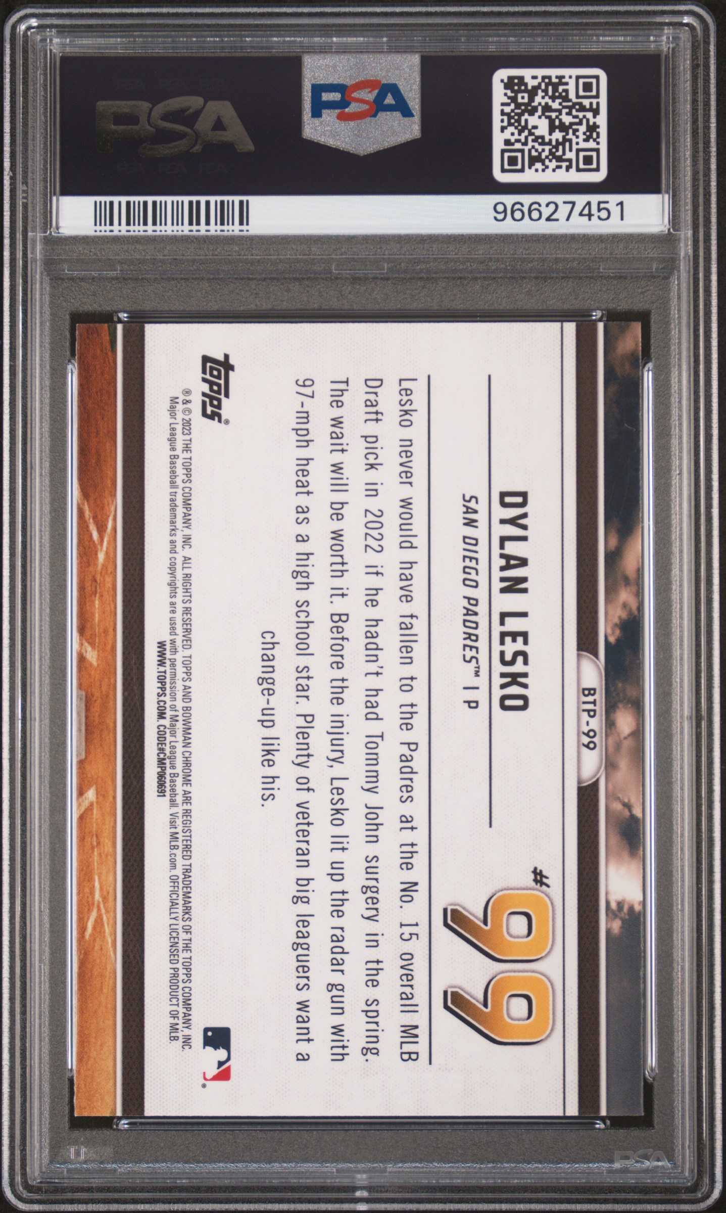 2023 Bowman Scouts' Top 100 Dylan Lesko #Btp99 (Scouts' Top 100) back