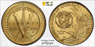 2019-W $5 American Legion 100th Ann First Strike MS70