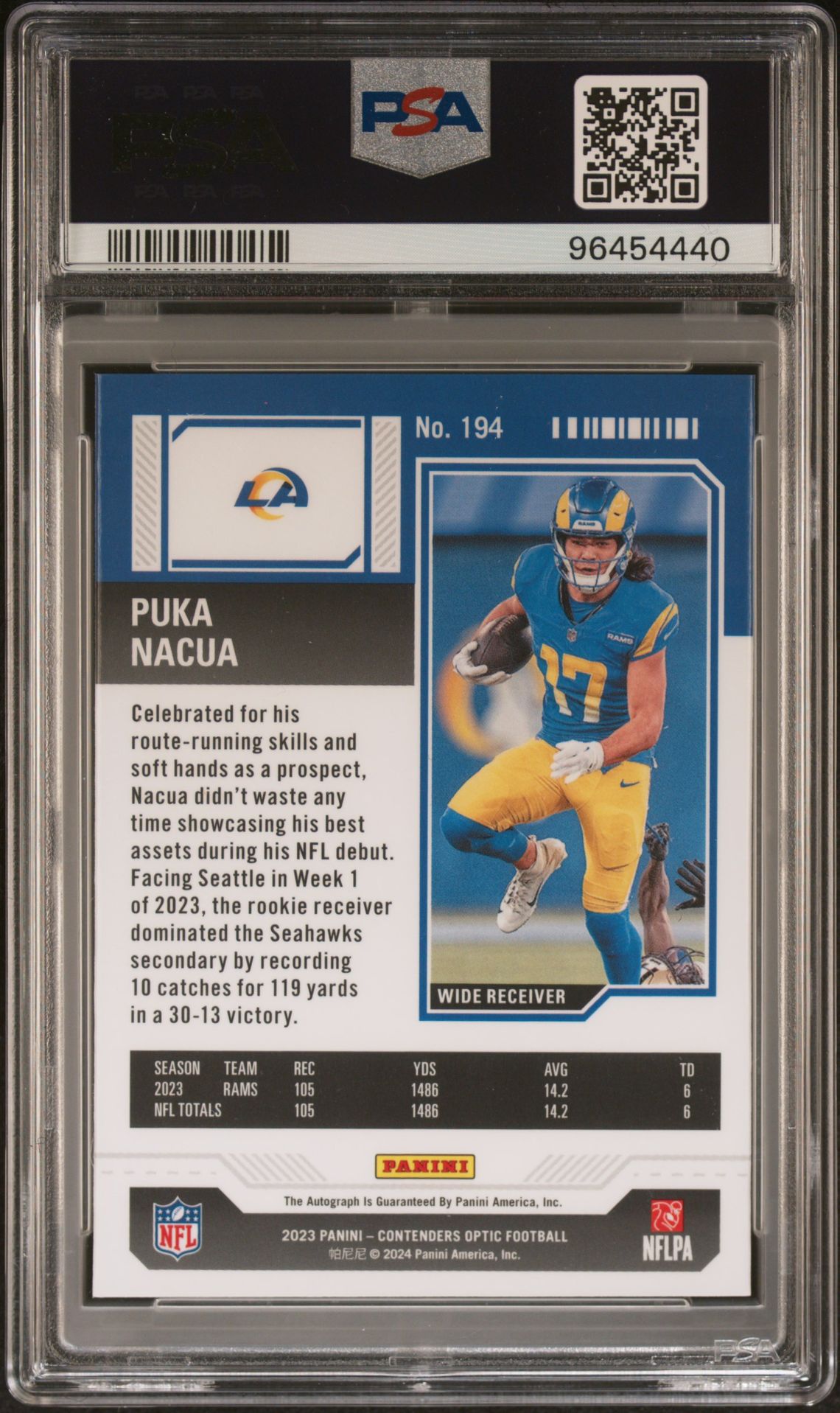 2023 Panini Contenders Optic Puka Nacua #194 (Autograph) Gem Mt 10 back