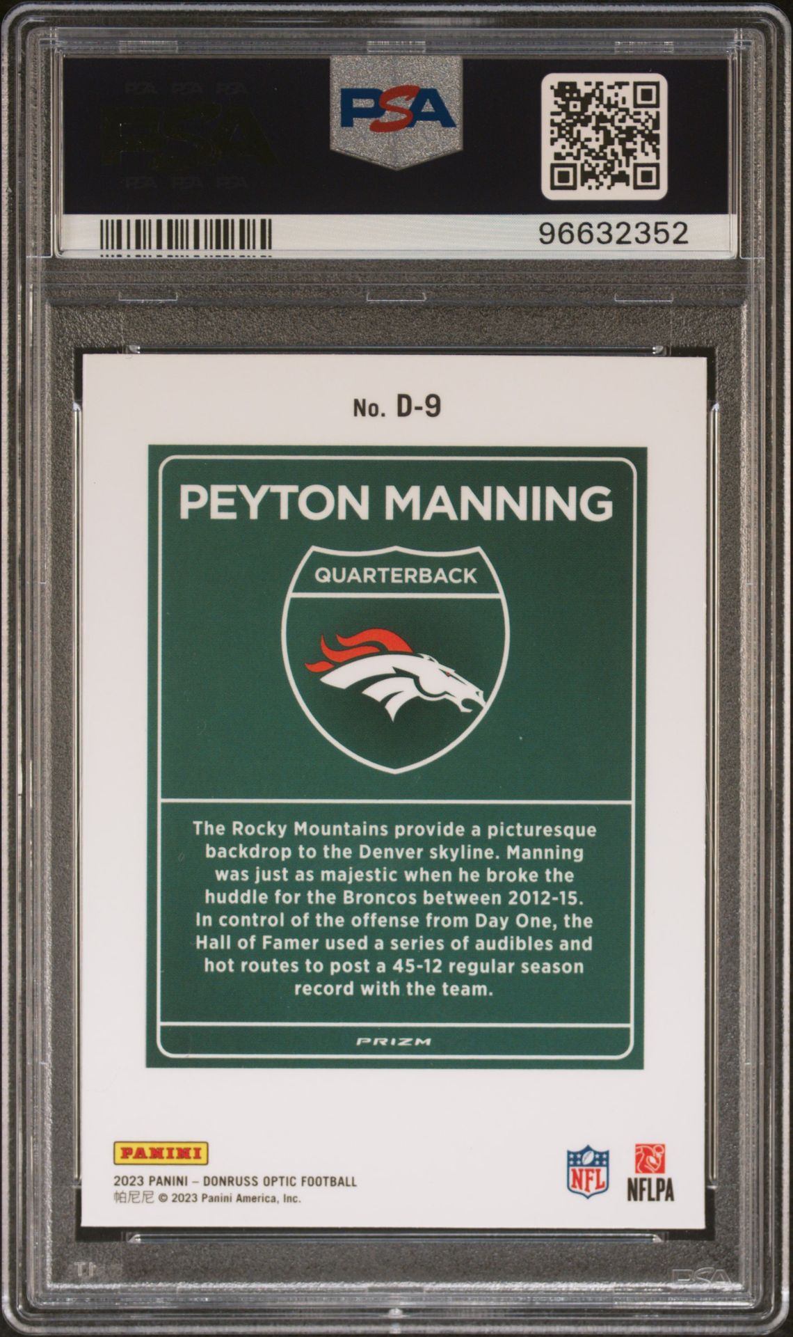 2023 Panini Donruss Optic Downtown! Peyton Manning #D9 Gem Mt 10 back