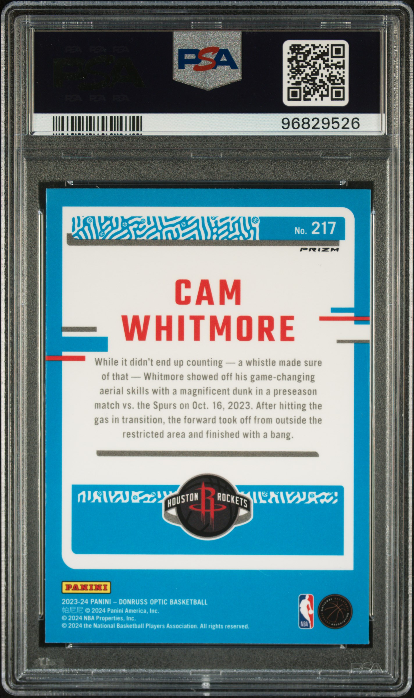 2023 Panini Donruss Optic Cam Whitmore #217 (Fast Break Holo) Mint 9 back