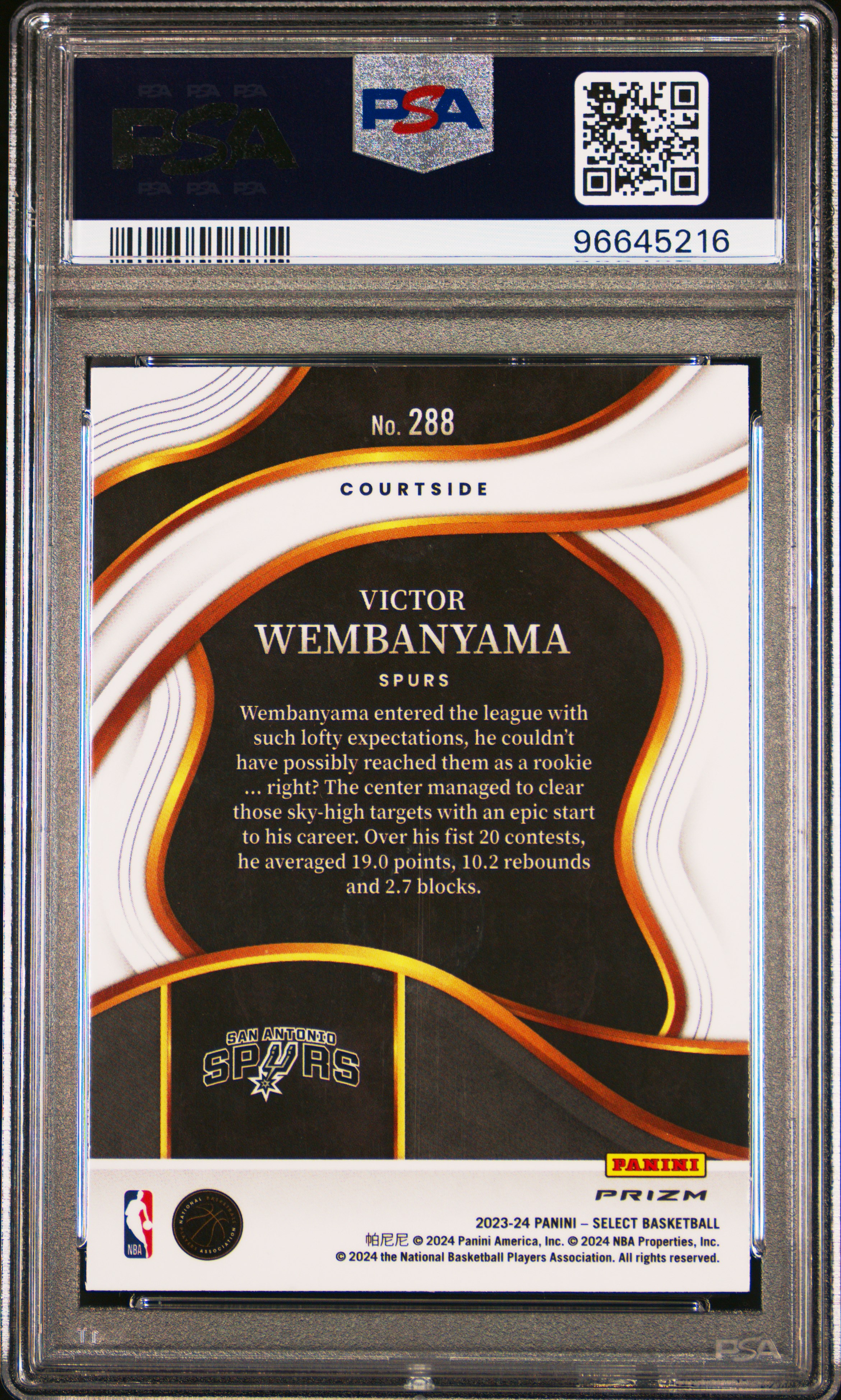 2023 Panini Select Victor Wembanyama #288 (Red Cracked Ice) Gem Mt 10 back