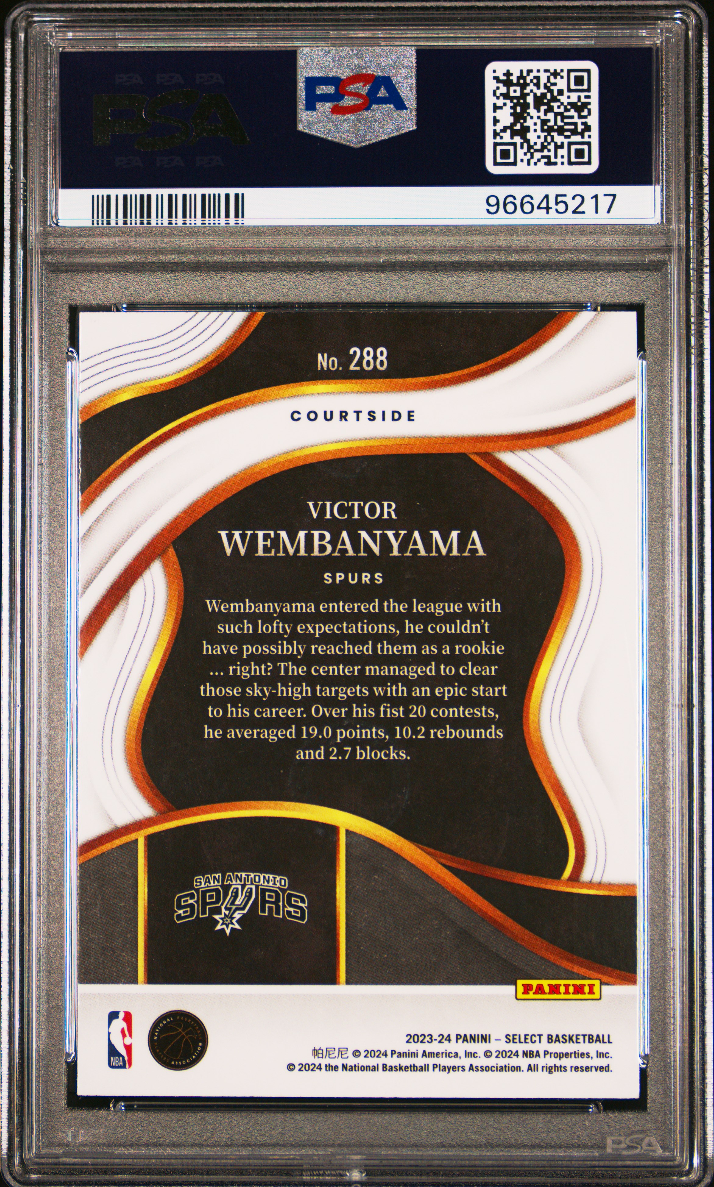 2023 Panini Select Victor Wembanyama #288 (Blue) Gem Mt 10 back