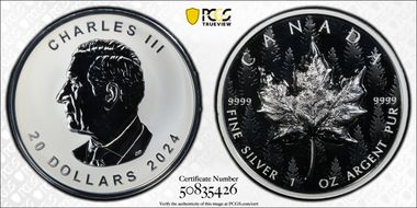 2024 $20 Maple Leaf UHR 1oz Ag Reverse Proof PR70