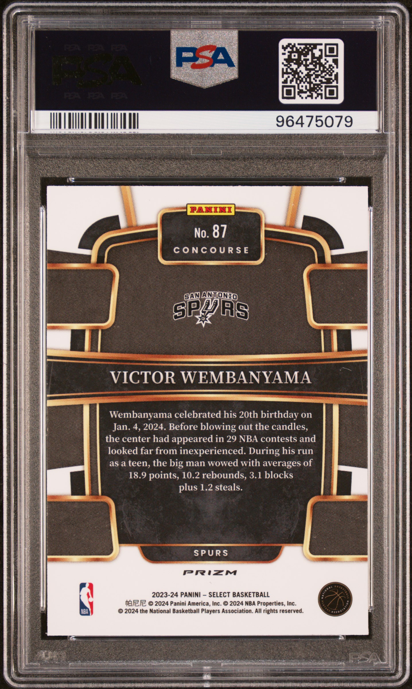 2023 Panini Select Victor Wembanyama #87 (Blue Cracked Ice) Gem Mt 10 back