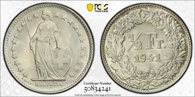 1941 B 1/2 Fr KM-23 Ag MS65