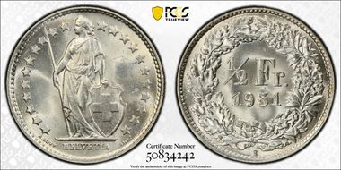 1951 B 1/2 Fr KM-23  Ag MS64