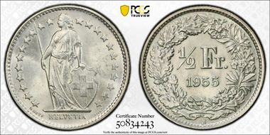 1955 B 1/2 Fr KM-23 Ag MS65
