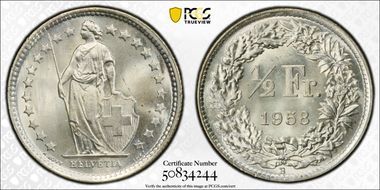 1958 B 1/2 Fr KM-23 Ag MS66