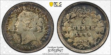 1874-H 5C Large Date, Crosslet 4 MS63
