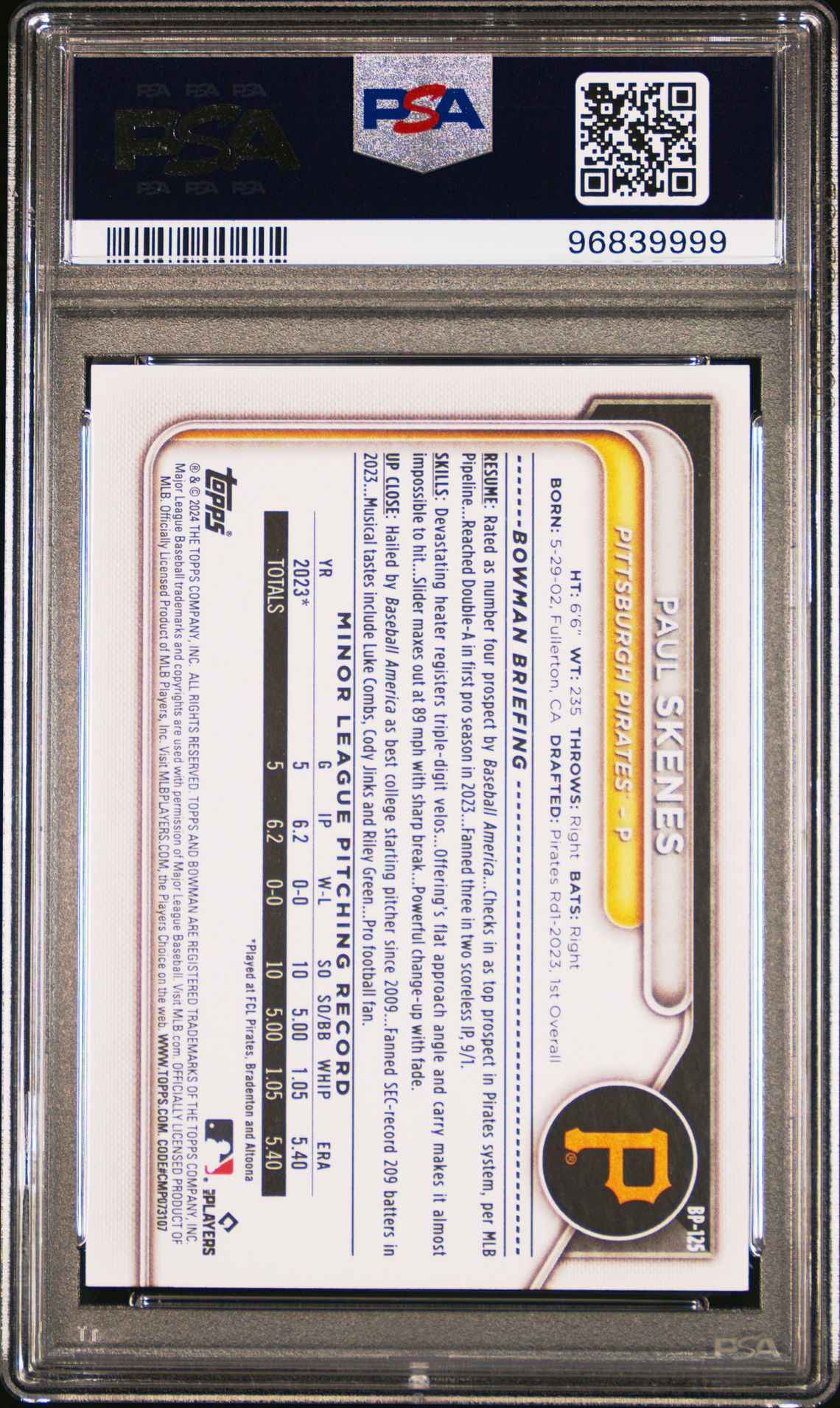 2024 Bowman Paper Prospects Paul Skenes #Bp125 Mint 9 back