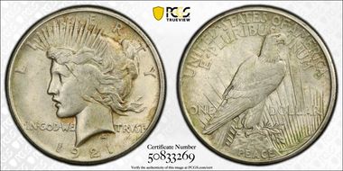 1921 $1 High Relief, Peace AU55