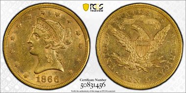 1866-S $10 Motto AU55+