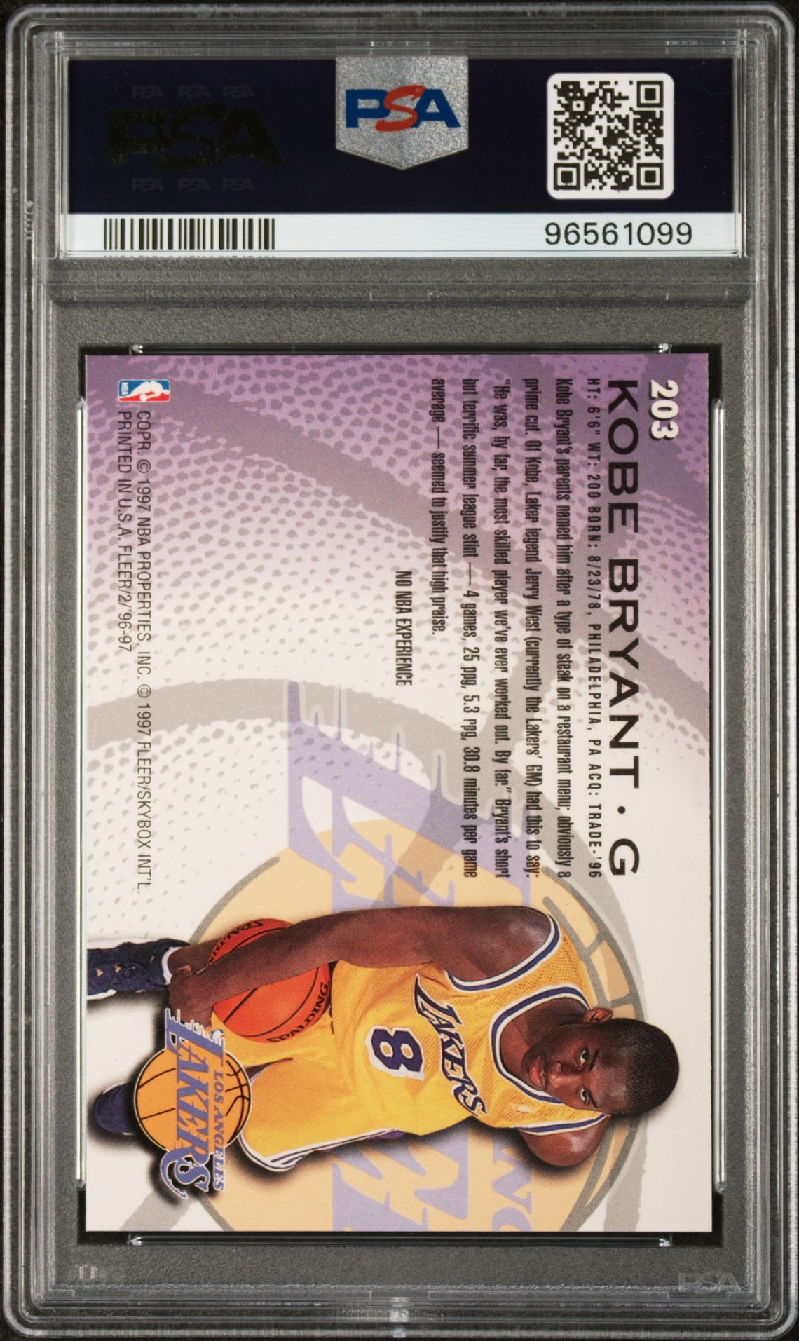 1996 Fleer Kobe Bryant #203 Mint 9 back