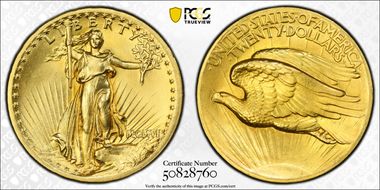 1907 $20 High Relief, Flat Edge MS65