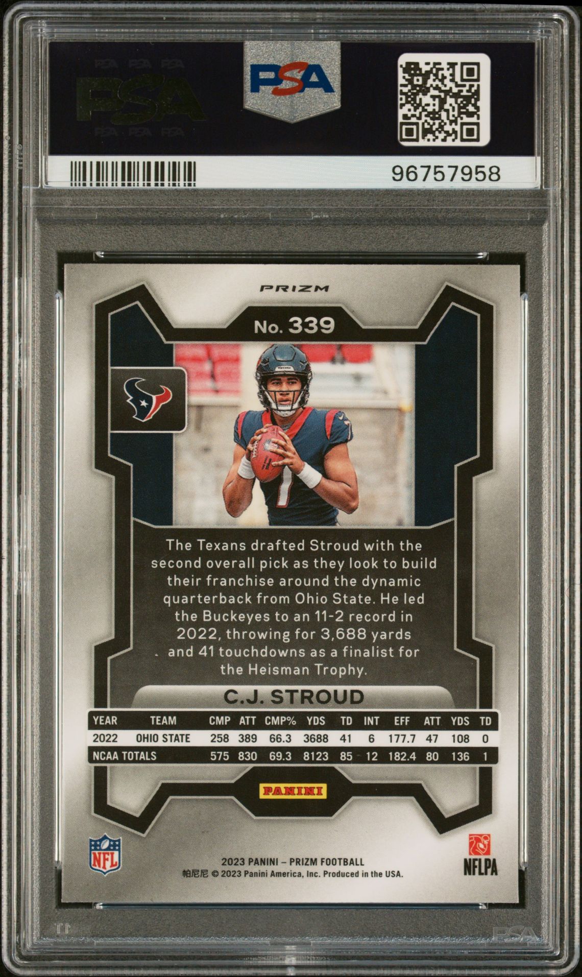 2023 Panini Prizm Cj Stroud #339 (Silver Prizm) Mint 9 back