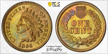 1864 1C L on Ribbon MS66BN