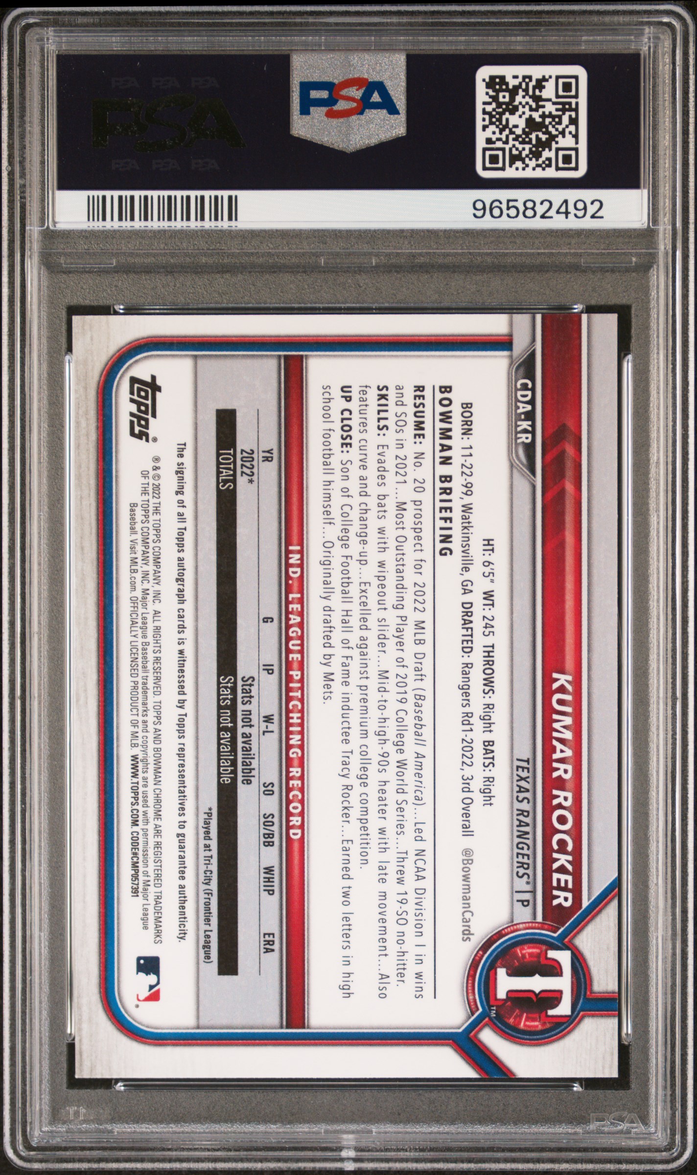 2022 Bowman Draft Chrome Draft Pick Autographs Kumar Rocker #Cdakr (Chrome Draft Pick Auto.) Mint 9 front