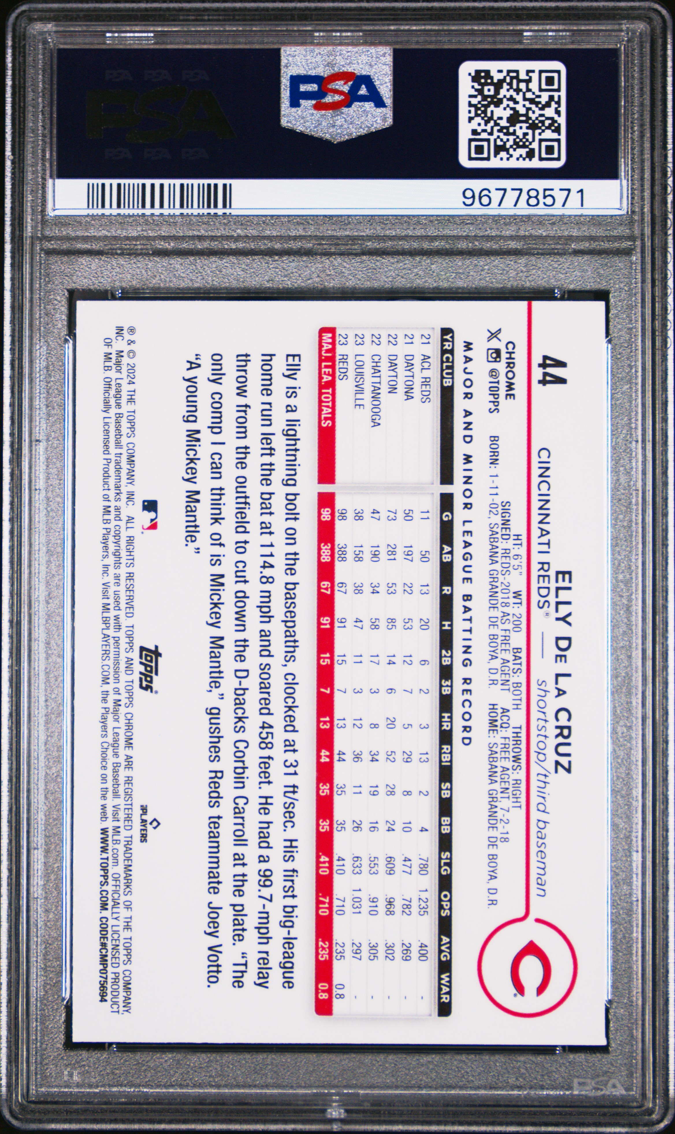 2024 Topps Chrome Elly De La Cruz #44 (Aqua Raywave) Gem Mt 10 back